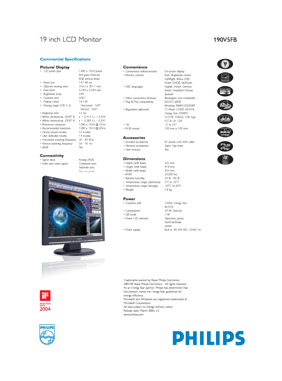 Philips 190V5FB dimensions inch LCD Monitor, Commercial Specifications, Picture/ Display, Connectivity, Convenience, Power 