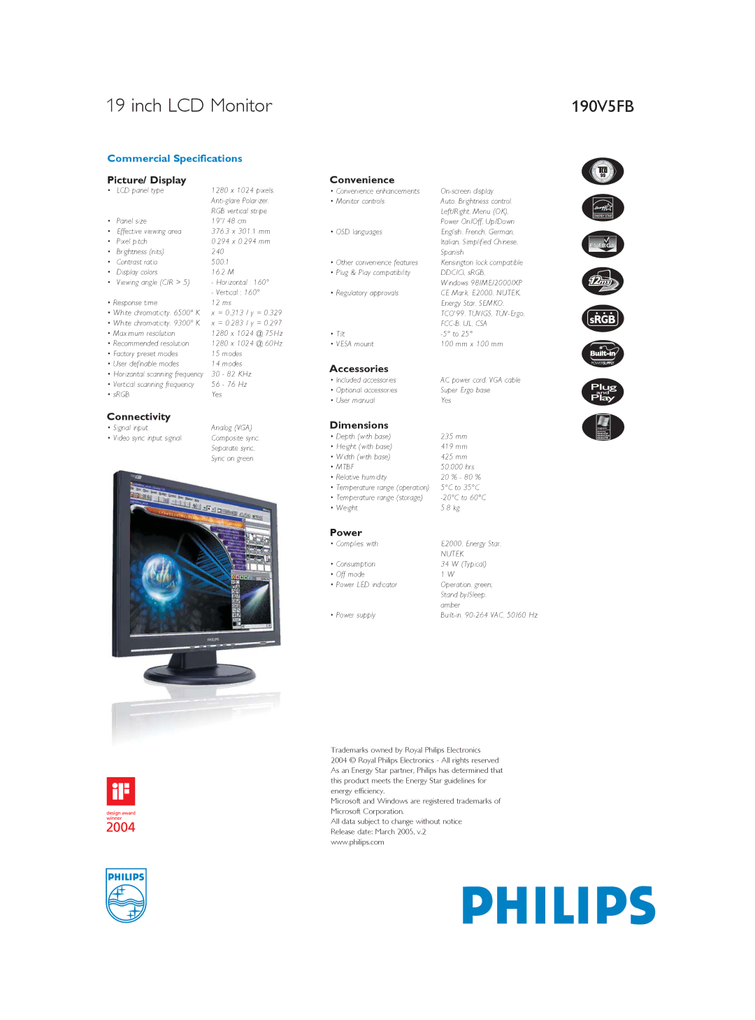 Philips 190V5FB dimensions Inch LCD Monitor 