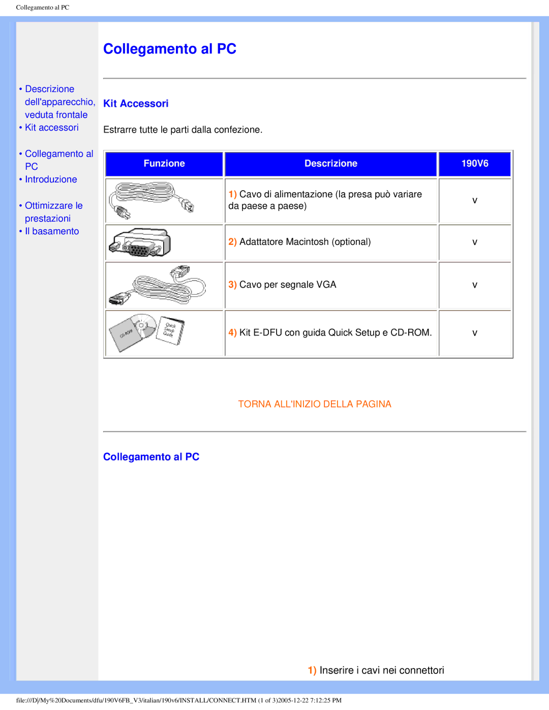 Philips 190V6 user manual Kit Accessori, Collegamento al PC 