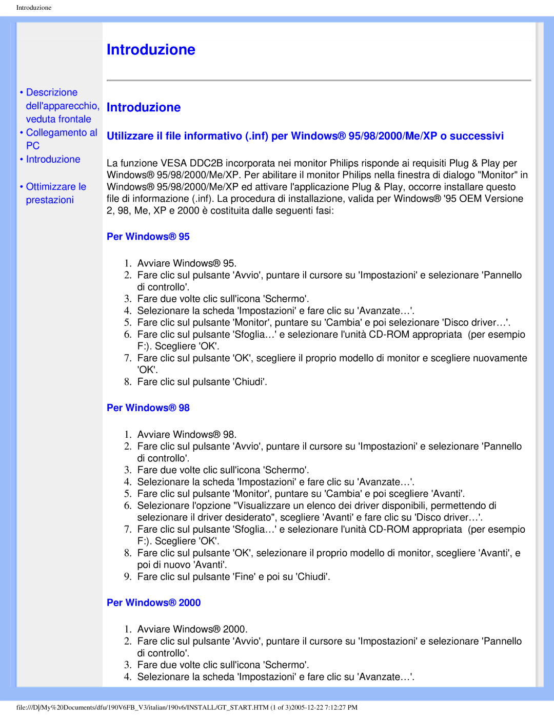 Philips 190V6 user manual Introduzione, Per Windows 