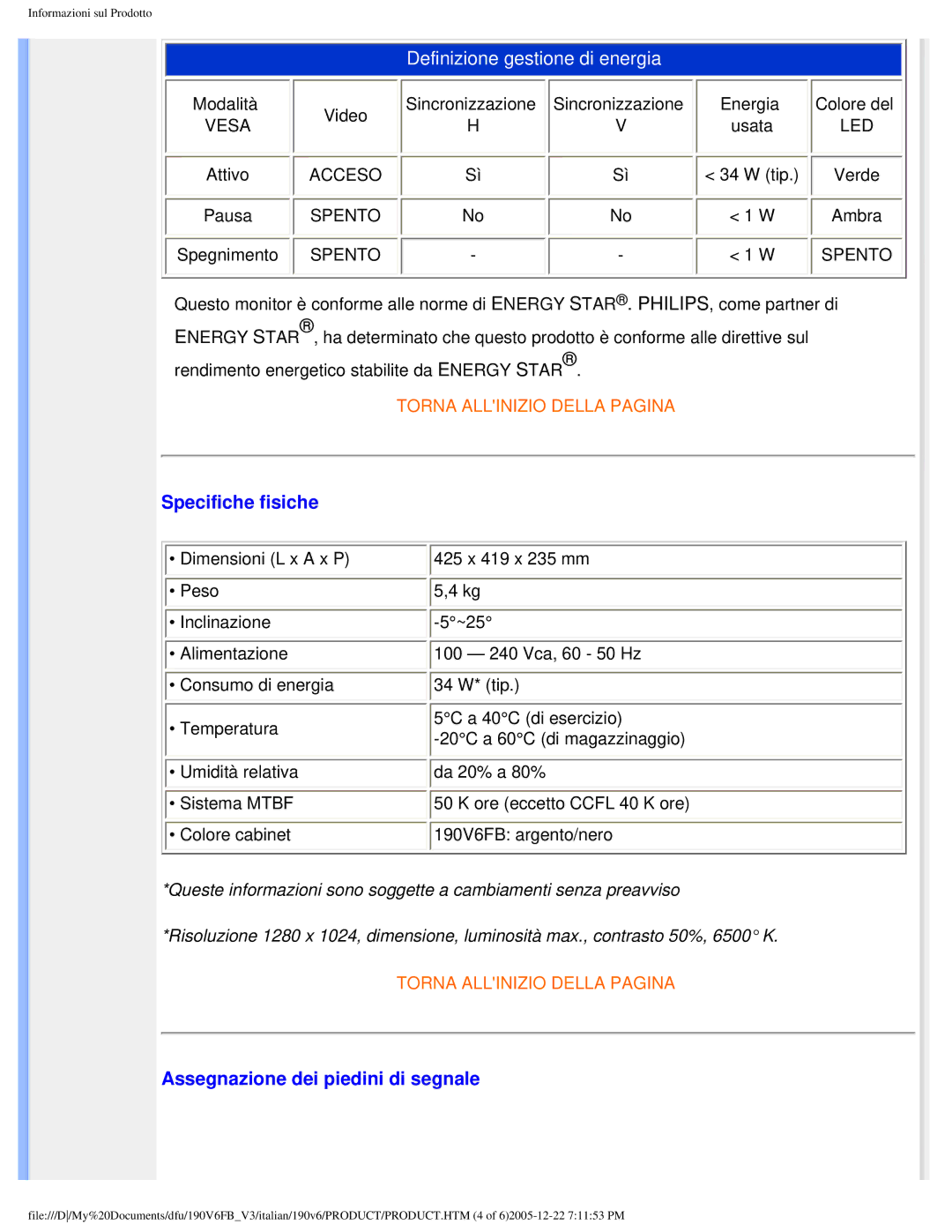 Philips 190V6 user manual Specifiche fisiche, Assegnazione dei piedini di segnale 