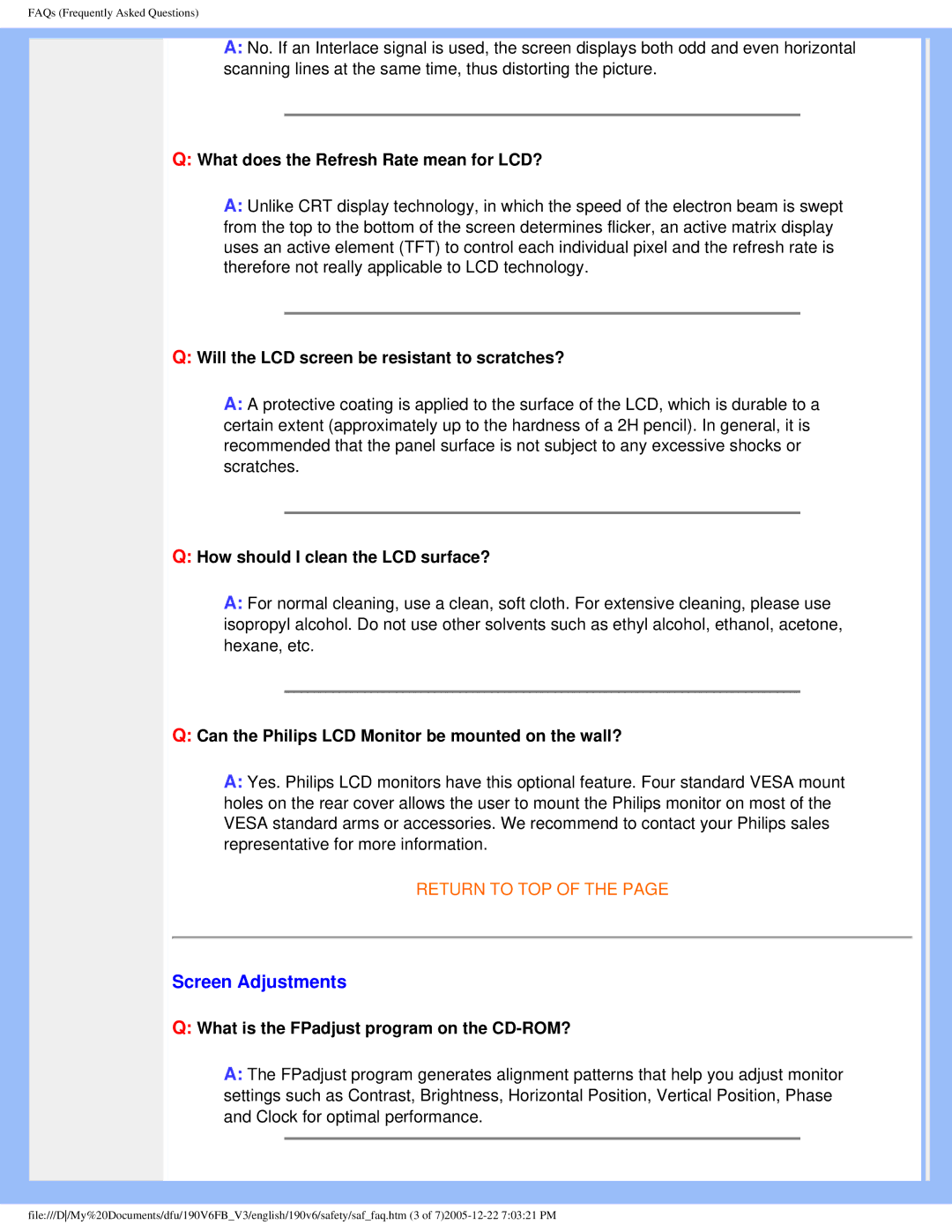 Philips 190V6 user manual Screen Adjustments 