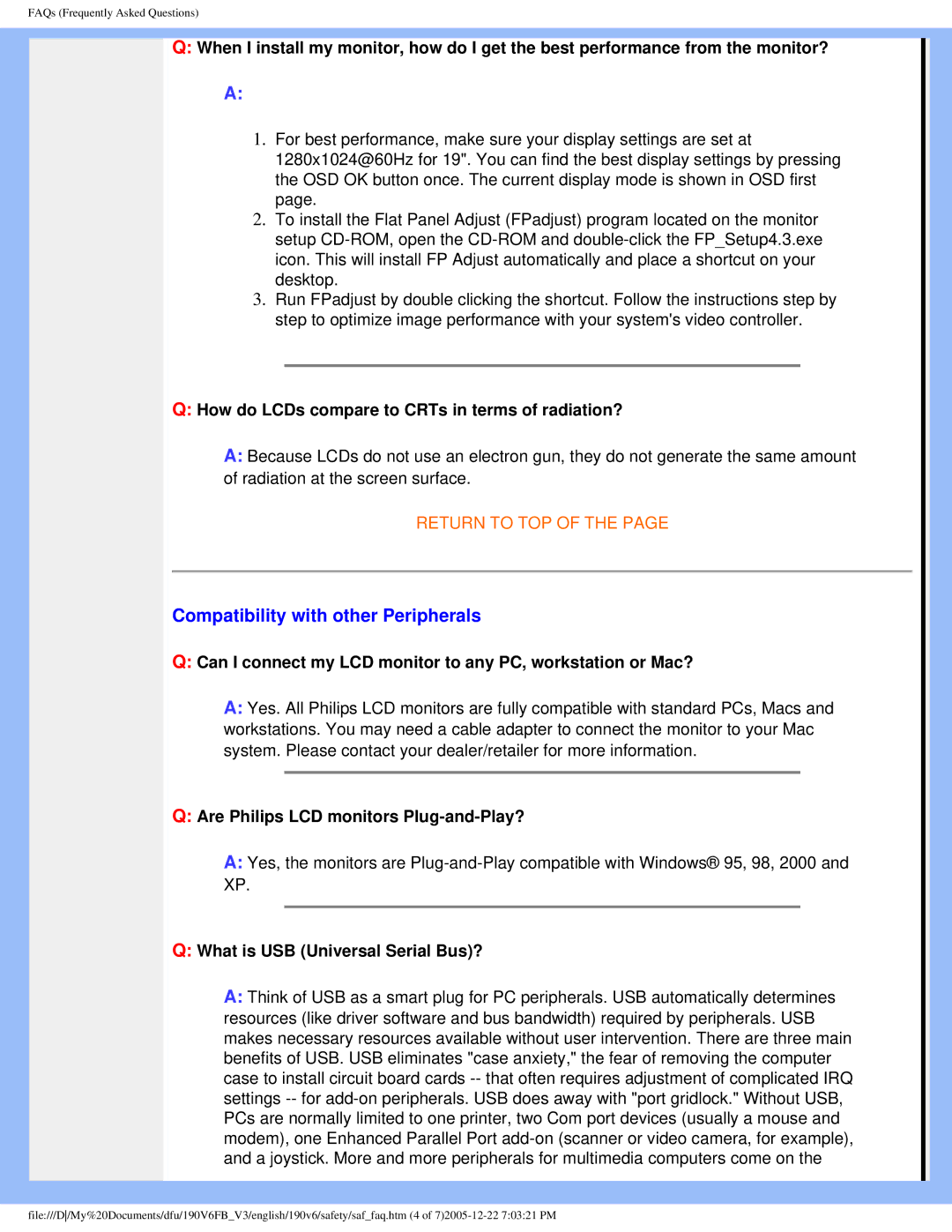 Philips 190V6 user manual Compatibility with other Peripherals, How do LCDs compare to CRTs in terms of radiation? 