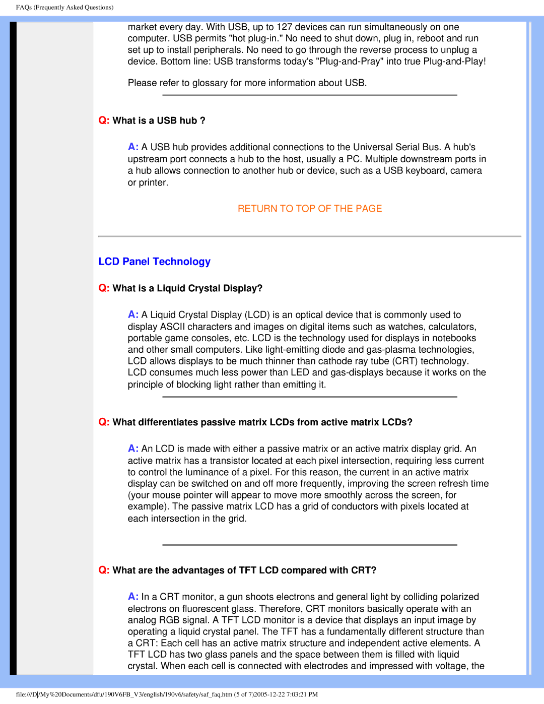 Philips 190V6 user manual LCD Panel Technology, What is a USB hub ?, What is a Liquid Crystal Display? 