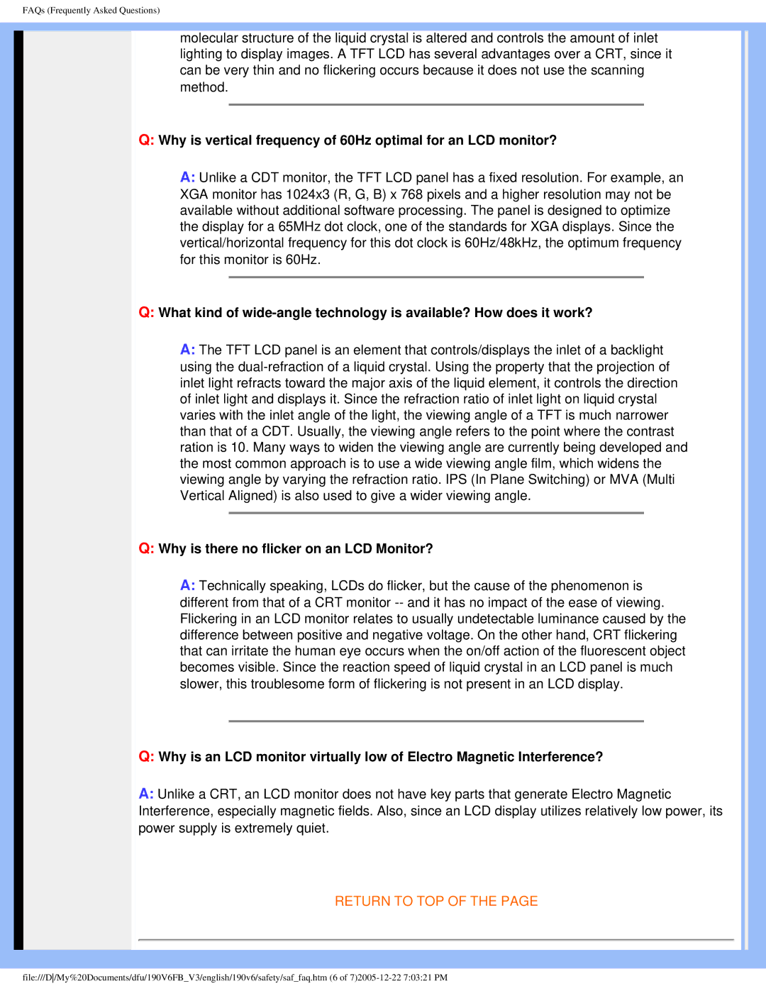 Philips 190V6 user manual Why is there no flicker on an LCD Monitor? 