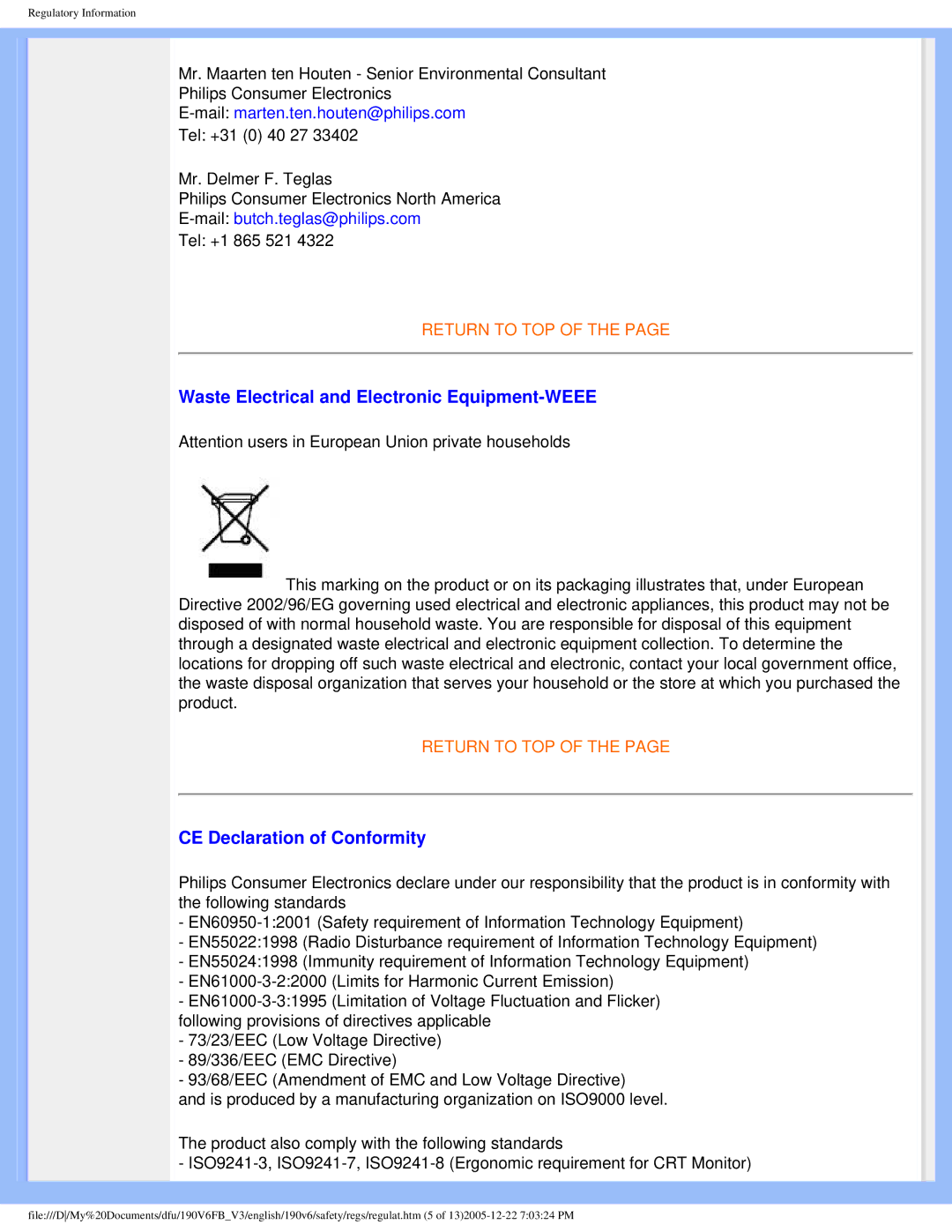 Philips 190V6 user manual Waste Electrical and Electronic Equipment-WEEE, CE Declaration of Conformity 