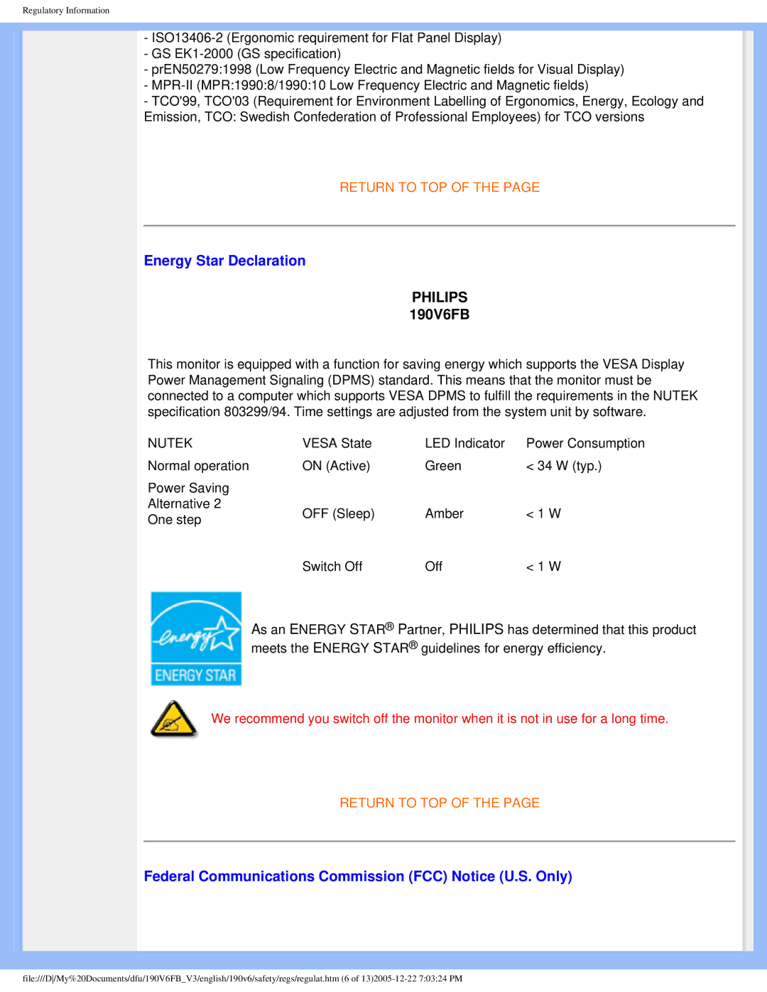 Philips 190V6 user manual Energy Star Declaration, Federal Communications Commission FCC Notice U.S. Only 