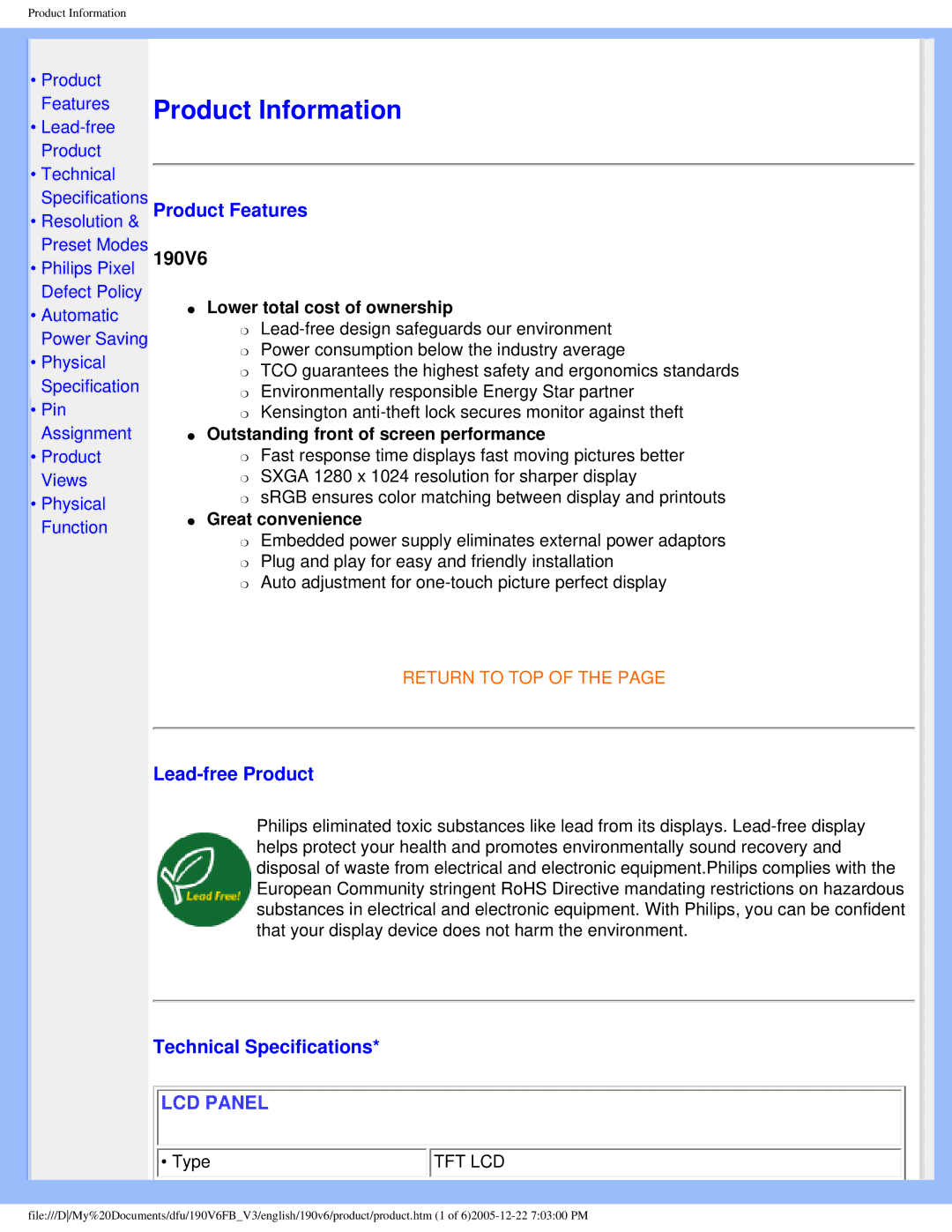 Philips 190V6 user manual Product Features, Lead-free Product, Technical Specifications 