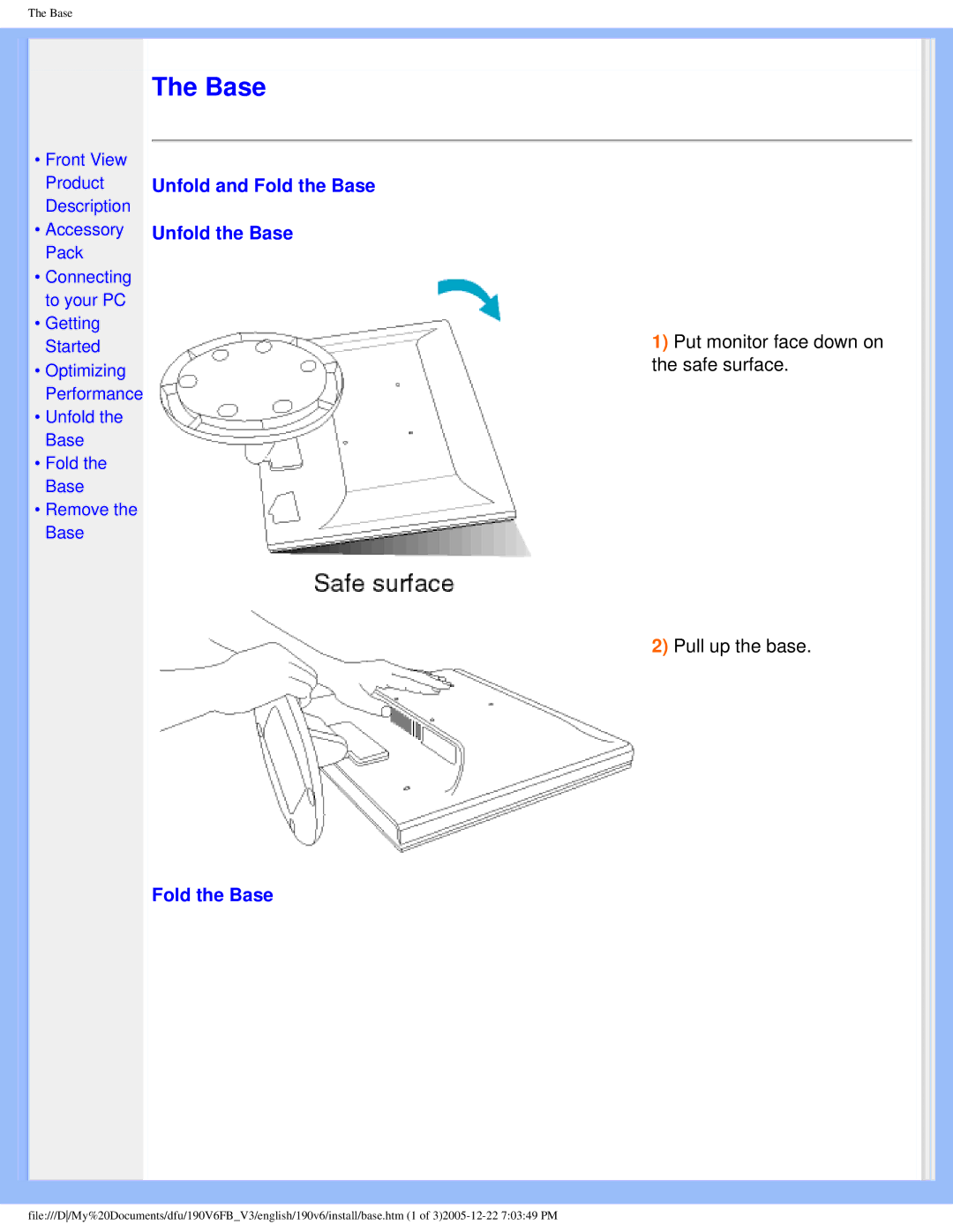 Philips 190V6 user manual Unfold and Fold the Base Unfold the Base 