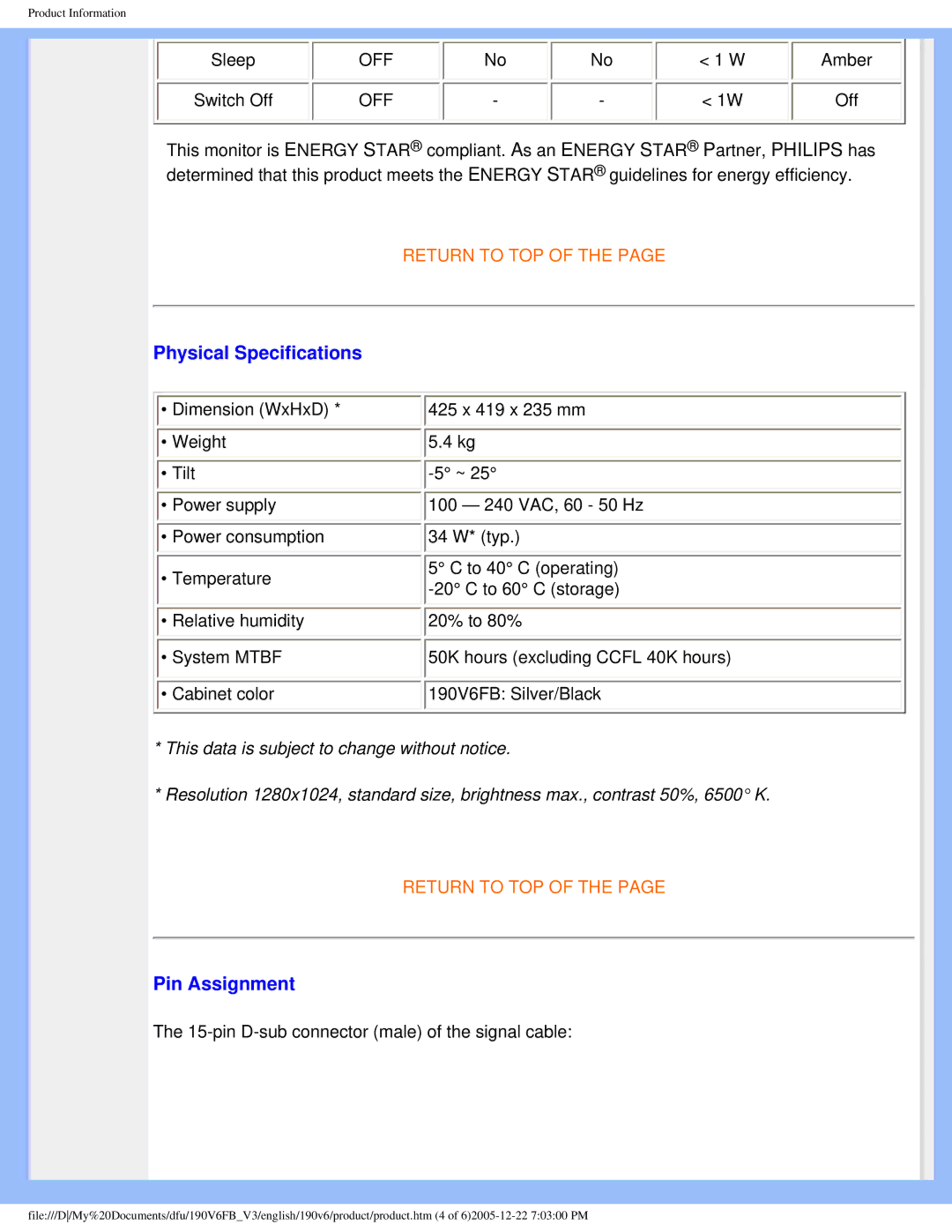 Philips 190V6 user manual Physical Specifications, Pin Assignment 