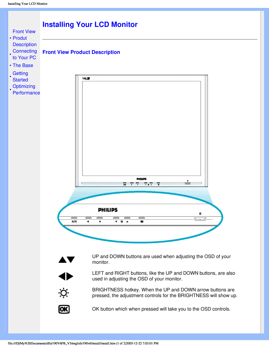 Philips 190V6FB user manual Installing Your LCD Monitor, Front View Product Description 