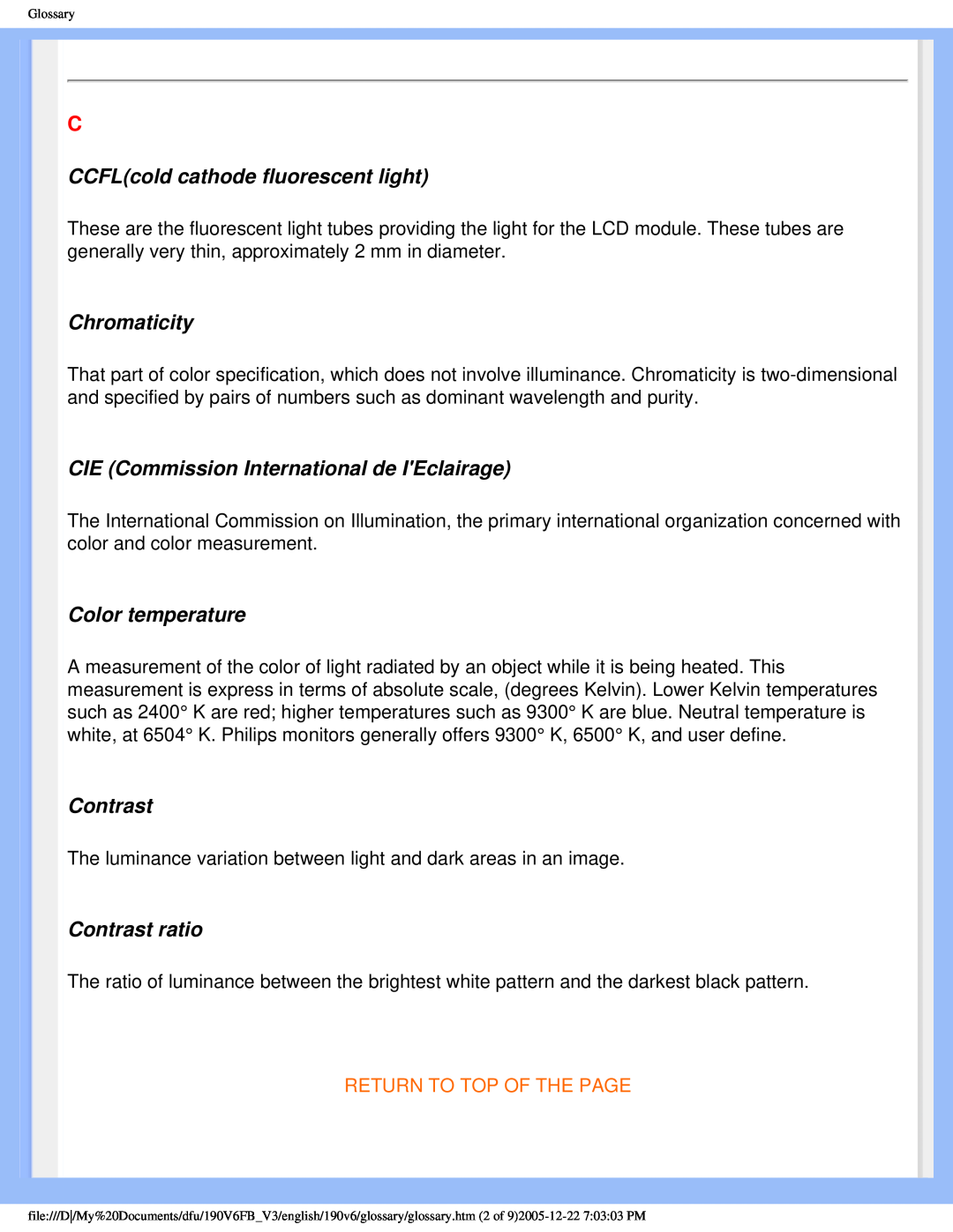 Philips 190V6FB CCFLcold cathode fluorescent light, Chromaticity, CIE Commission International de IEclairage, Contrast 