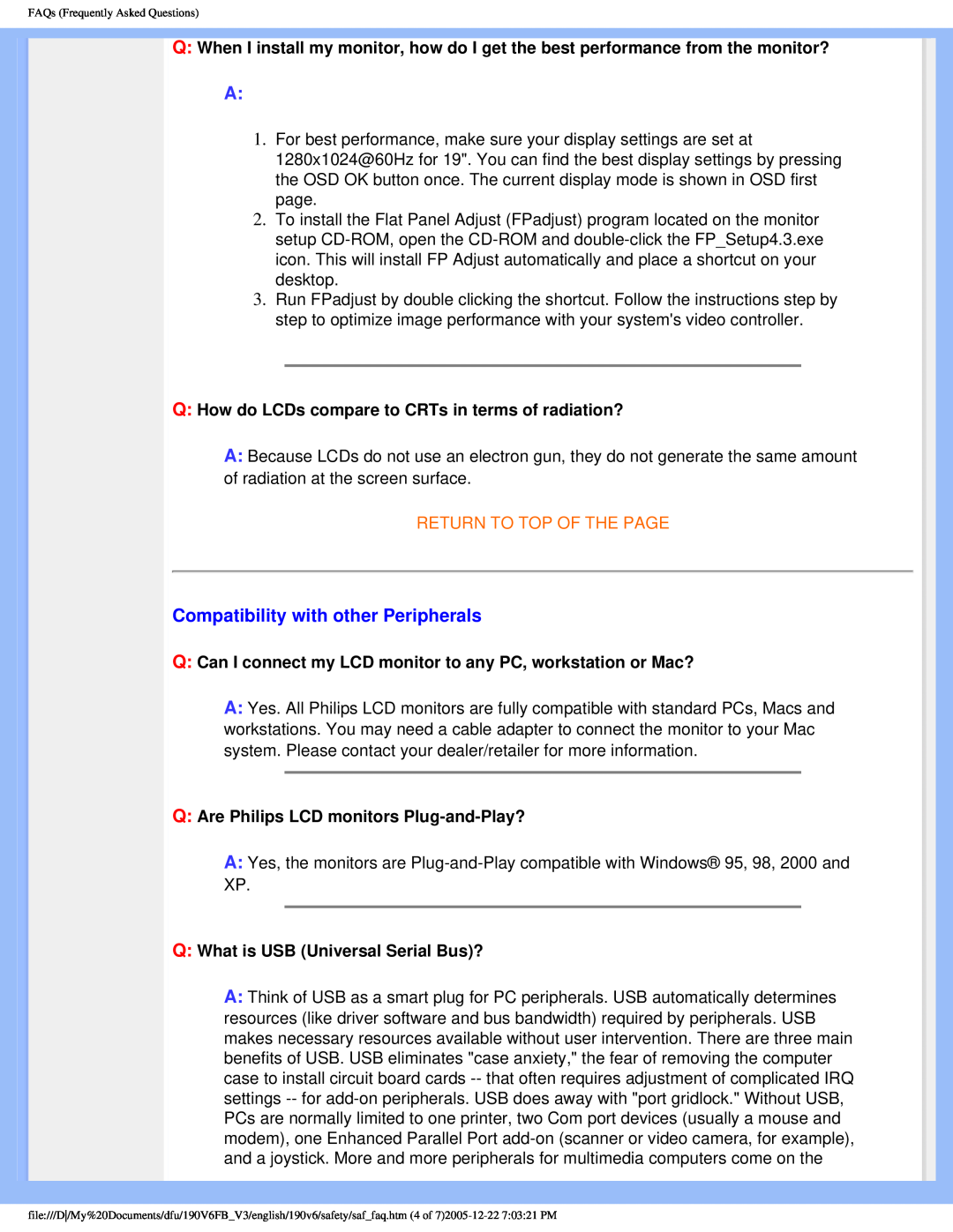 Philips 190V6FB user manual Compatibility with other Peripherals, Q How do LCDs compare to CRTs in terms of radiation? 