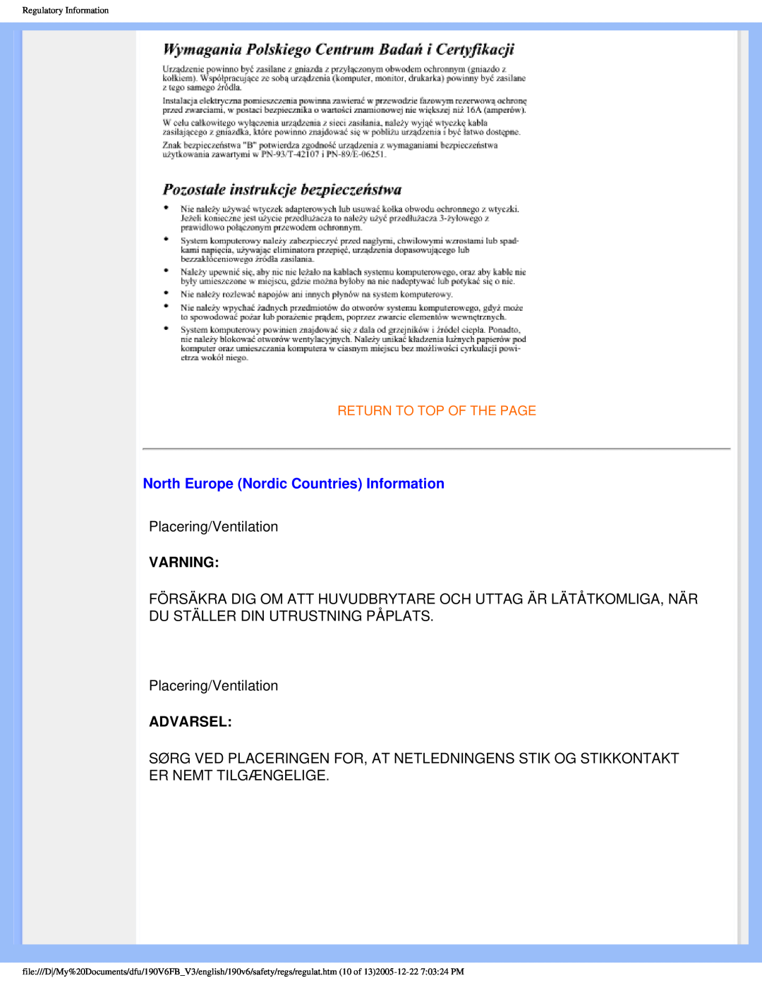Philips 190V6FB user manual North Europe Nordic Countries Information, Varning, Advarsel 