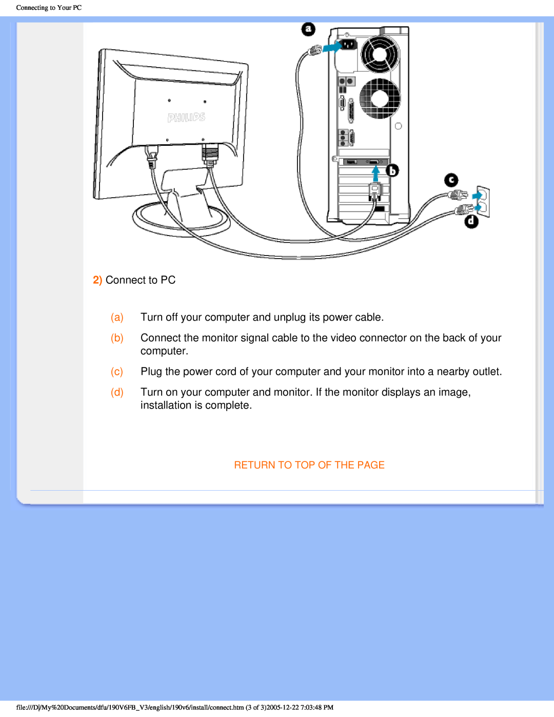 Philips 190V6FB user manual Connect to PC a Turn off your computer and unplug its power cable 