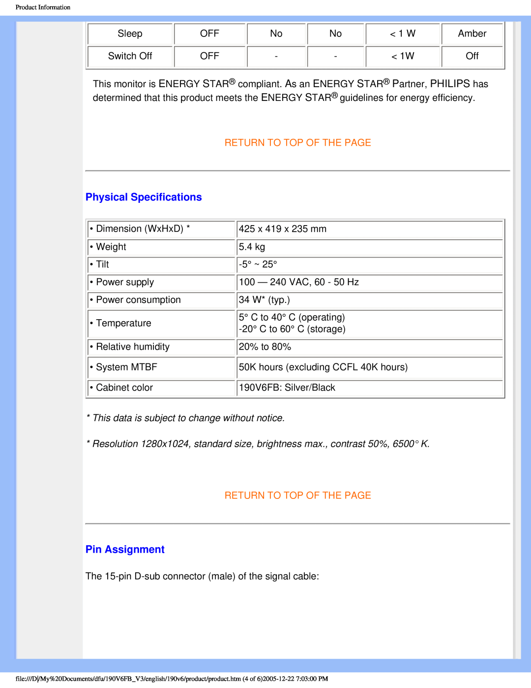 Philips 190V6FB user manual Physical Specifications, Pin Assignment, Return To Top Of The Page 