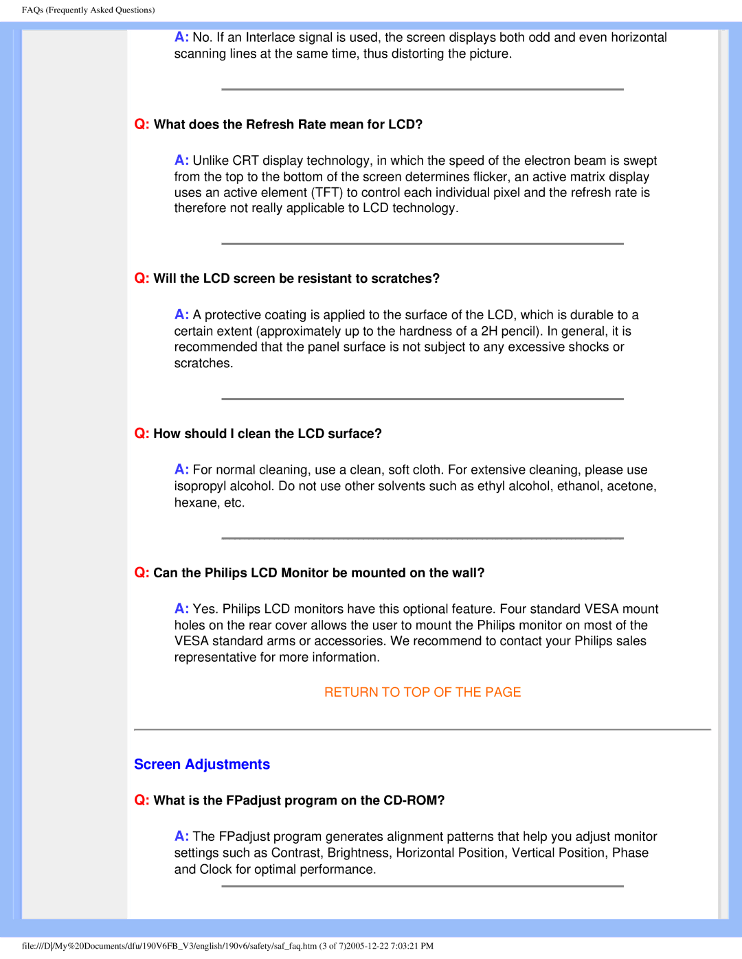 Philips 190V6FB user manual Screen Adjustments 