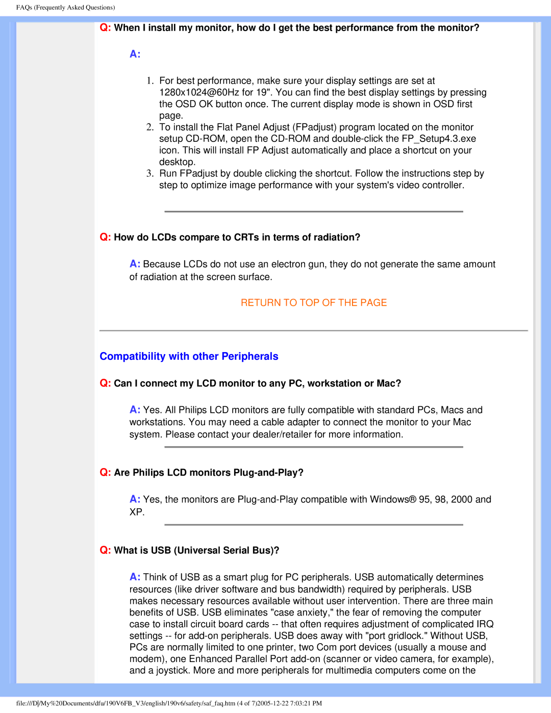 Philips 190V6FB user manual Compatibility with other Peripherals, How do LCDs compare to CRTs in terms of radiation? 