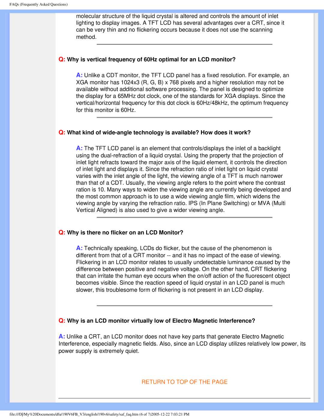 Philips 190V6FB user manual Why is there no flicker on an LCD Monitor? 