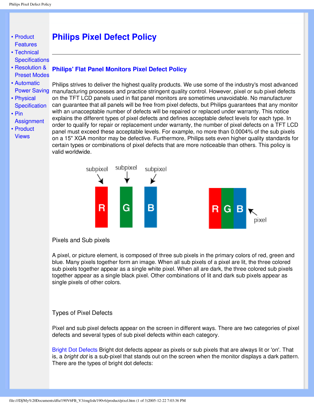 Philips 190V6FB user manual Philips Pixel Defect Policy, Philips Flat Panel Monitors Pixel Defect Policy 