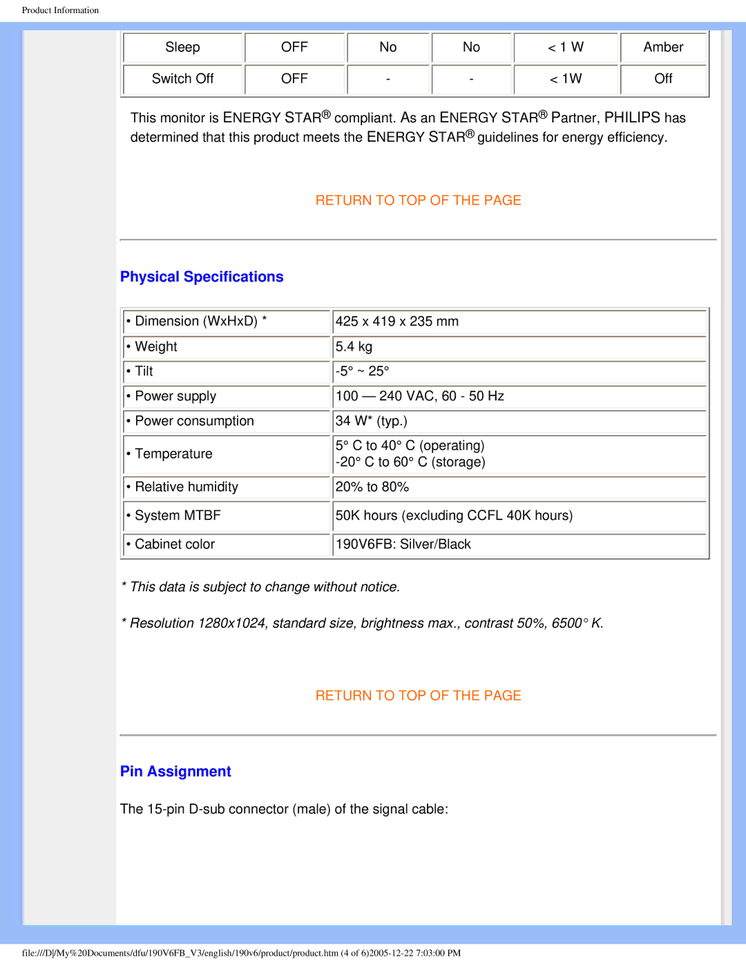 Philips 190V6FB user manual Physical Specifications, Pin Assignment 