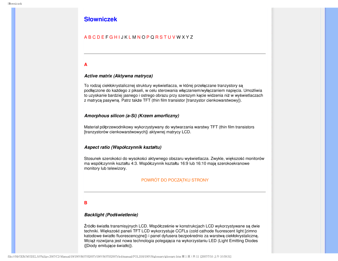 Philips 190V8 Słowniczek, Active matrix Aktywna matryca, Amorphous silicon a-Si Krzem amorficzny, Backlight Podświetlenie 