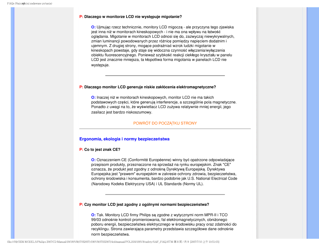 Philips 190V8 user manual Ergonomia, ekologia i normy bezpieczeństwa, Dlaczego w monitorze LCD nie występuje migotanie? 