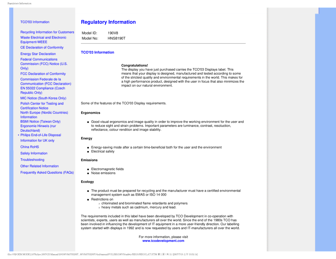 Philips 190V8 user manual Regulatory Information, TCO03 Information 