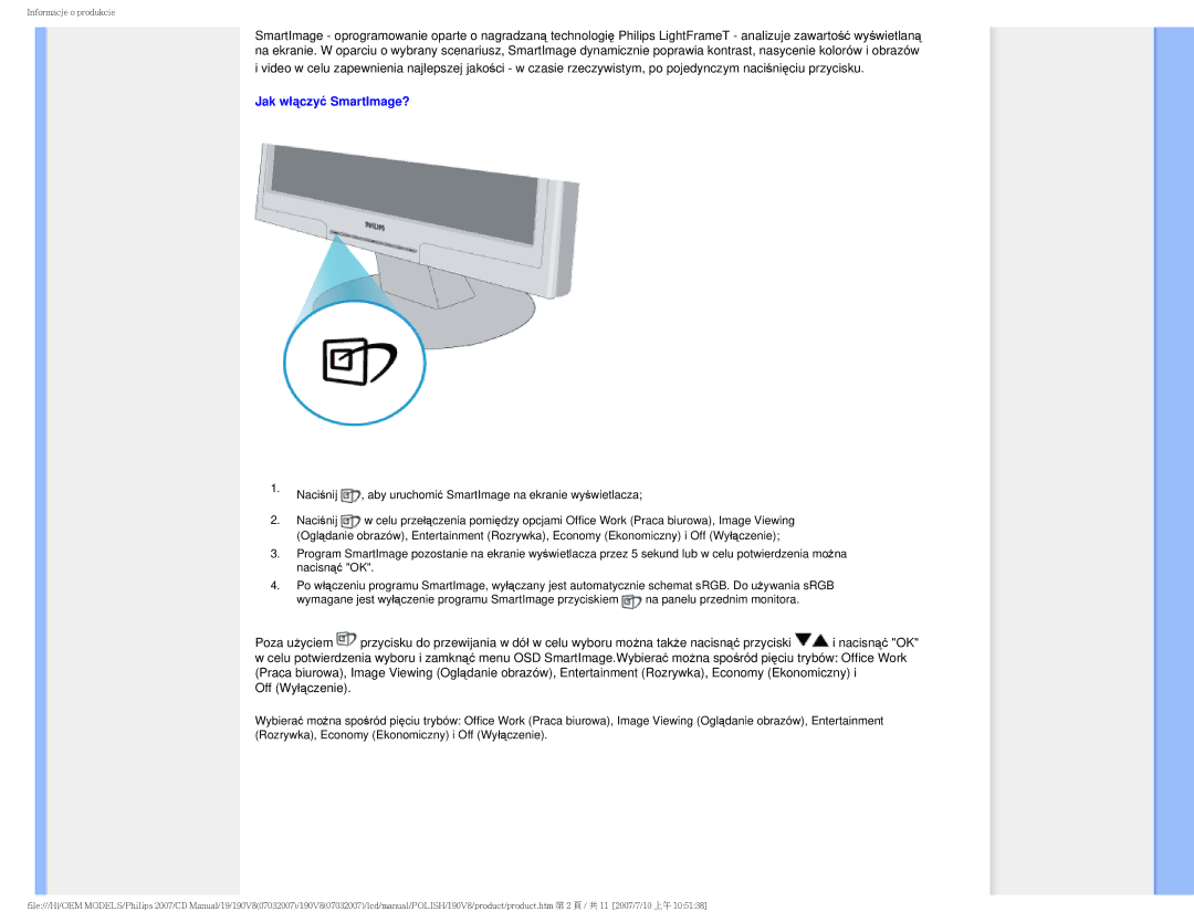 Philips 190V8 user manual Jak włączyć SmartImage? 