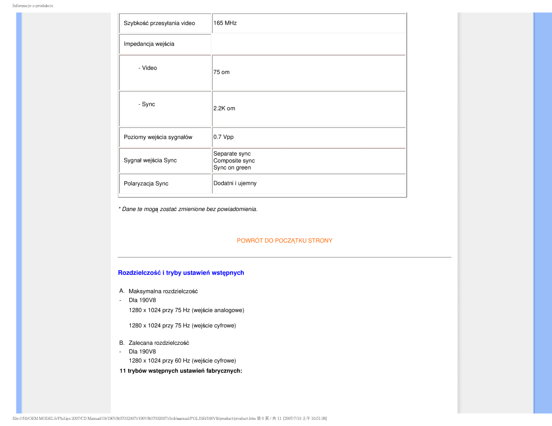 Philips 190V8 user manual Rozdzielczość i tryby ustawień wstępnych, Trybów wstępnych ustawień fabrycznych 