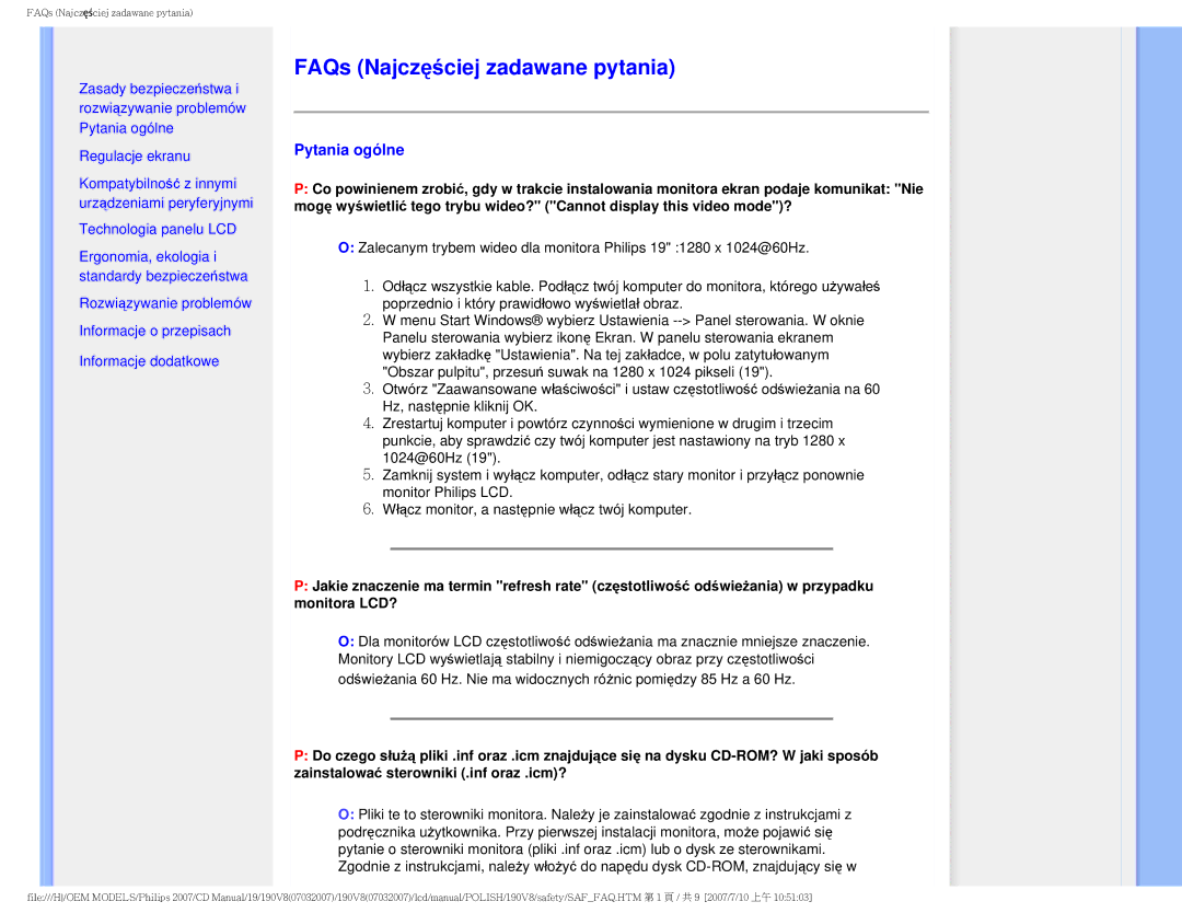 Philips 190V8 user manual FAQs Najczęściej zadawane pytania, Pytania ogólne 