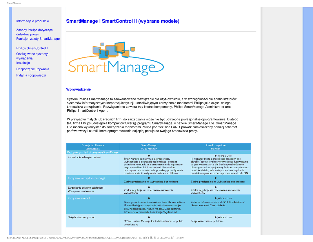 Philips 190V8 user manual SmartManage i SmartControl II wybrane modele, Wprowadzenie 