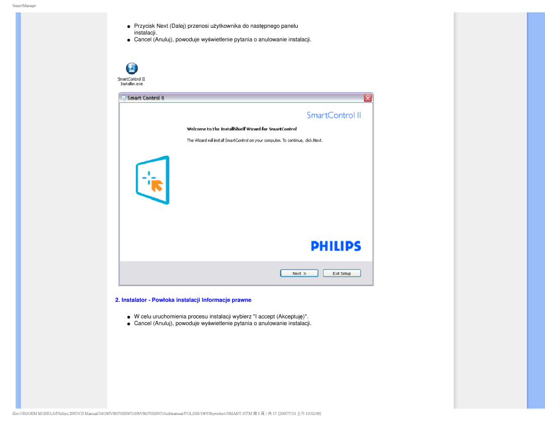 Philips 190V8 user manual Instalator Powłoka instalacji Informacje prawne 