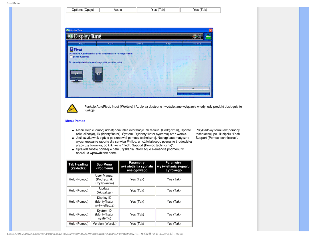 Philips 190V8 user manual Menu Pomoc, Zakładka 