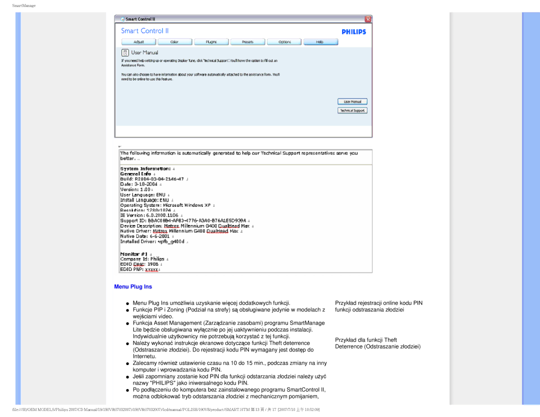 Philips 190V8 user manual Menu Plug Ins 