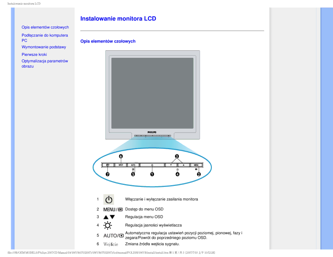 Philips 190V8 user manual Instalowanie monitora LCD, Opis elementów czołowych 