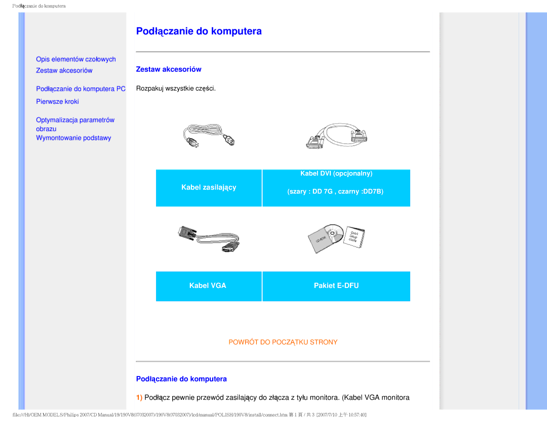 Philips 190V8 user manual Podłączanie do komputera, Zestaw akcesoriów 