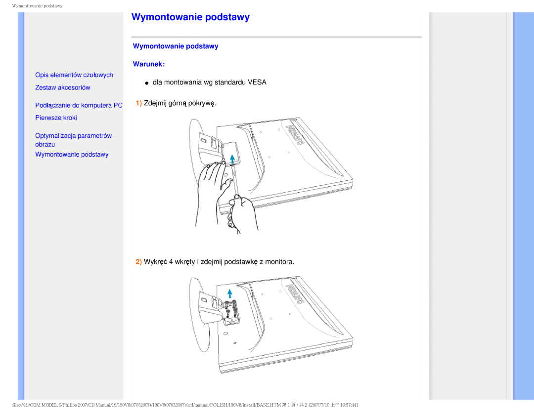 Philips 190V8 user manual Wymontowanie podstawy Warunek 