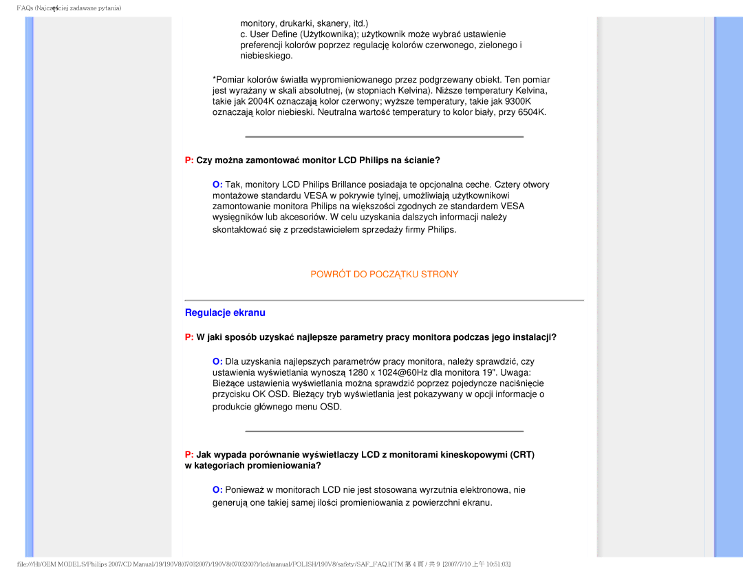 Philips 190V8 user manual Regulacje ekranu, Czy można zamontować monitor LCD Philips na ścianie? 