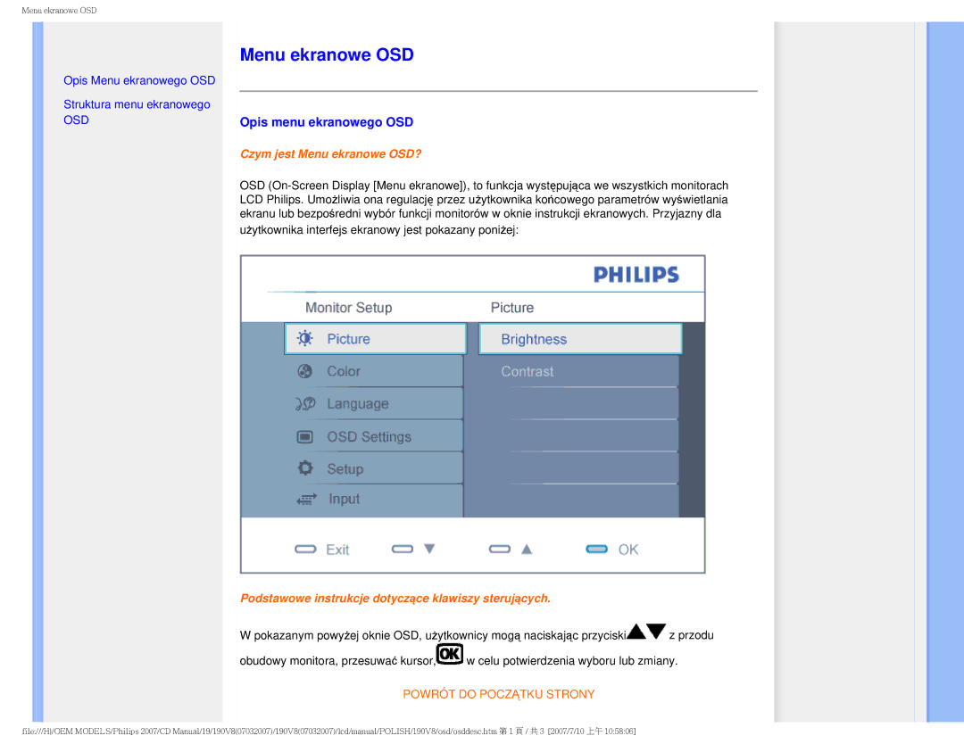 Philips 190V8 user manual Menu ekranowe OSD, Opis menu ekranowego OSD 