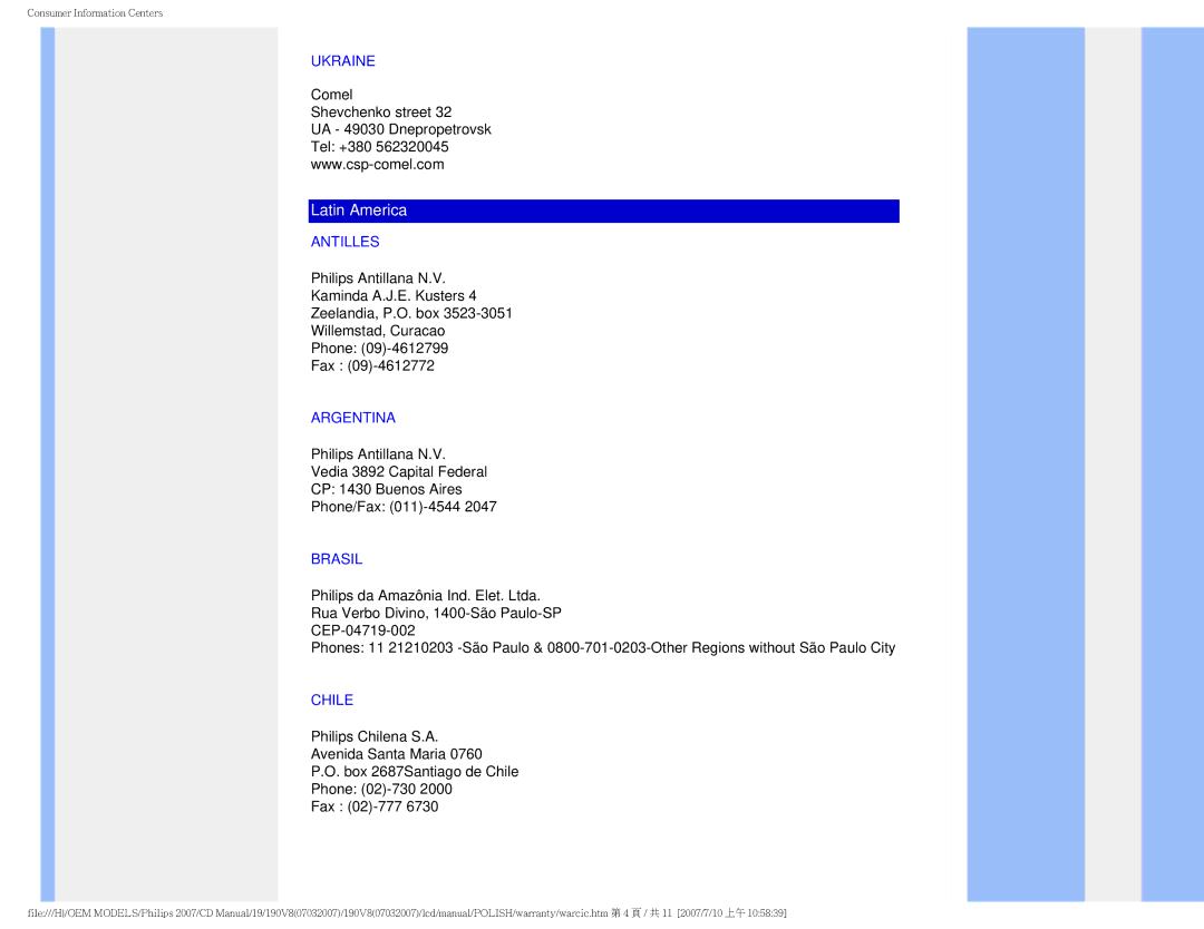 Philips 190V8 user manual Ukraine, Antilles, Argentina, Brasil, Chile 