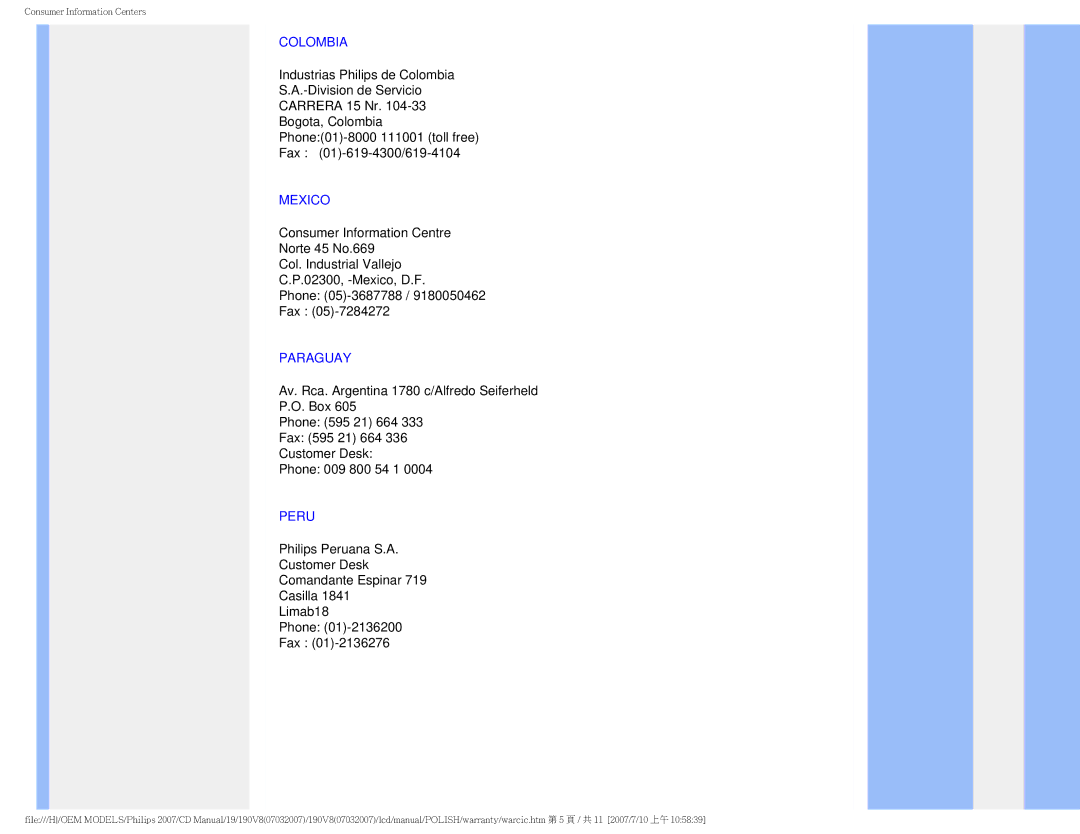 Philips 190V8 user manual Colombia, Mexico, Paraguay, Peru 