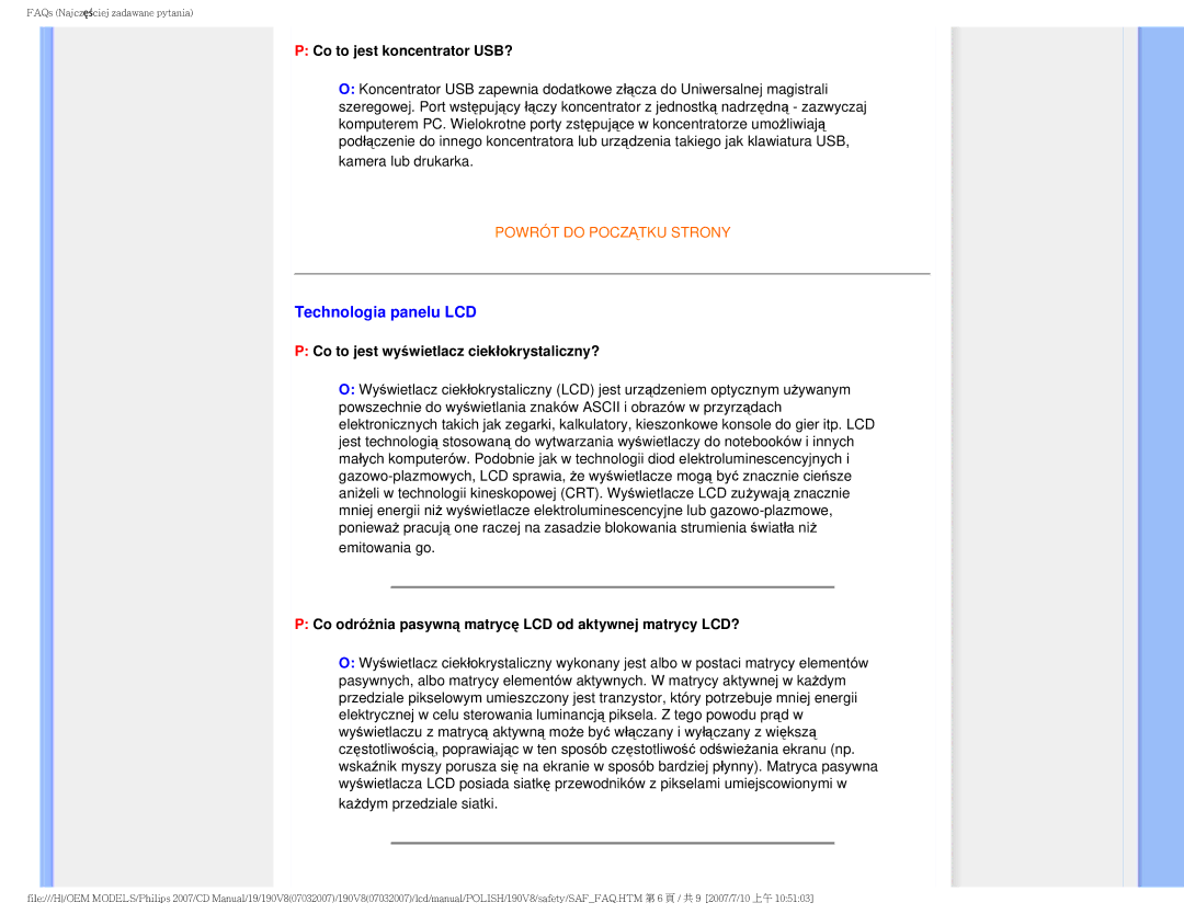 Philips 190V8 user manual Technologia panelu LCD, Co to jest koncentrator USB?, Co to jest wyświetlacz ciekłokrystaliczny? 