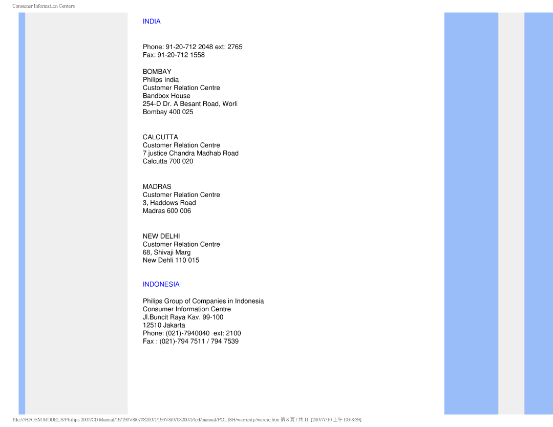 Philips 190V8 user manual India, Indonesia 