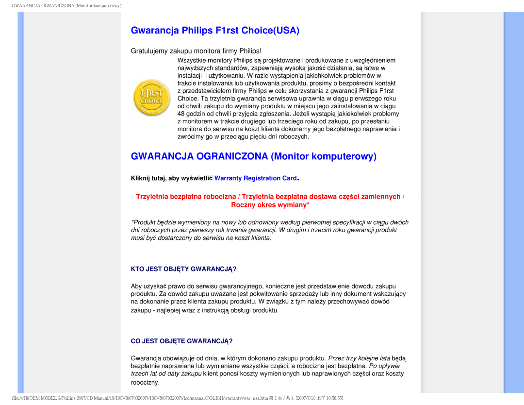 Philips 190V8 user manual Gwarancja Philips F1rst ChoiceUSA, Gwarancja Ograniczona Monitor komputerowy 