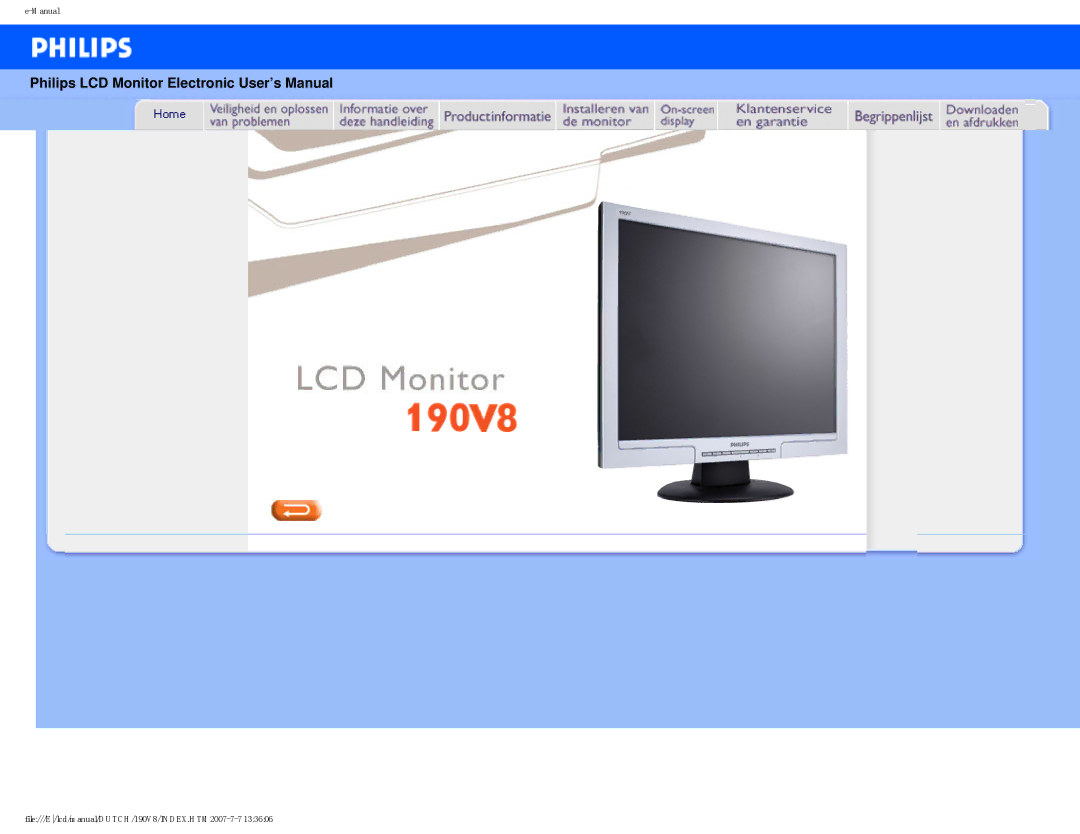 Philips 190V8 user manual Philips LCD Monitor Electronic User’s Manual 