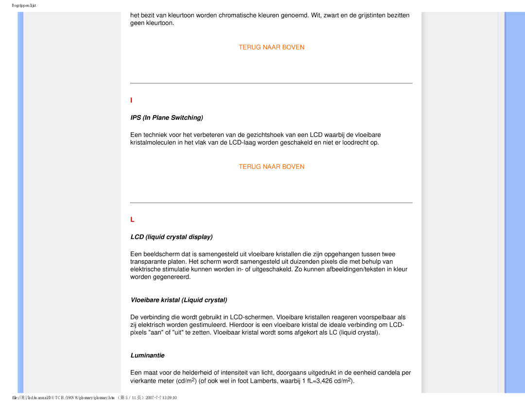 Philips 190V8 user manual IPS In Plane Switching, LCD liquid crystal display, Vloeibare kristal Liquid crystal, Luminantie 