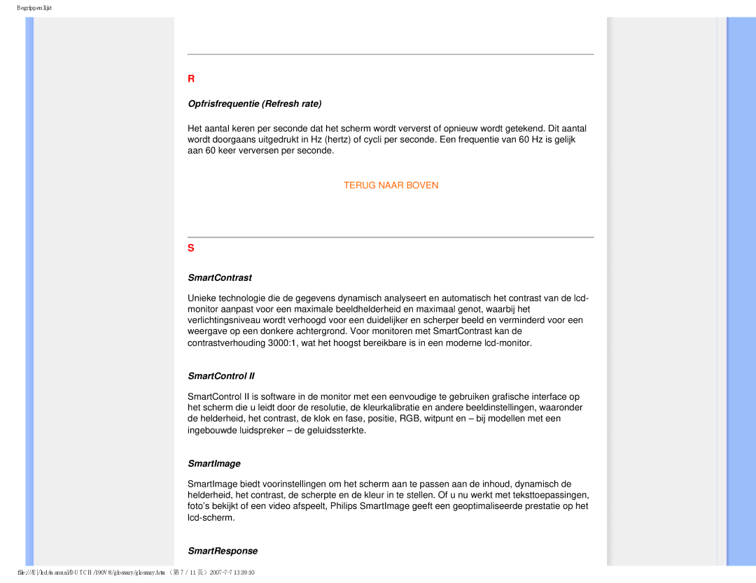 Philips 190V8 user manual Opfrisfrequentie Refresh rate, SmartContrast, SmartControl, SmartImage, SmartResponse 