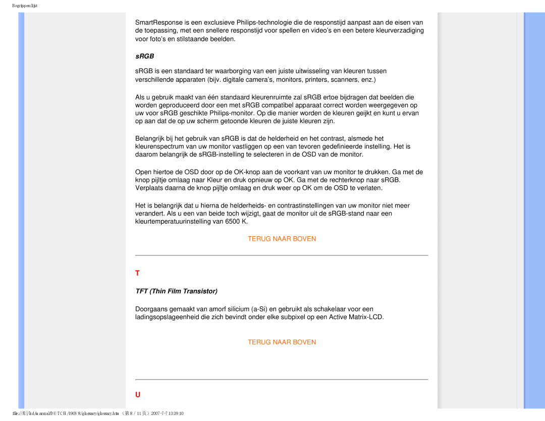 Philips 190V8 user manual Srgb, TFT Thin Film Transistor 