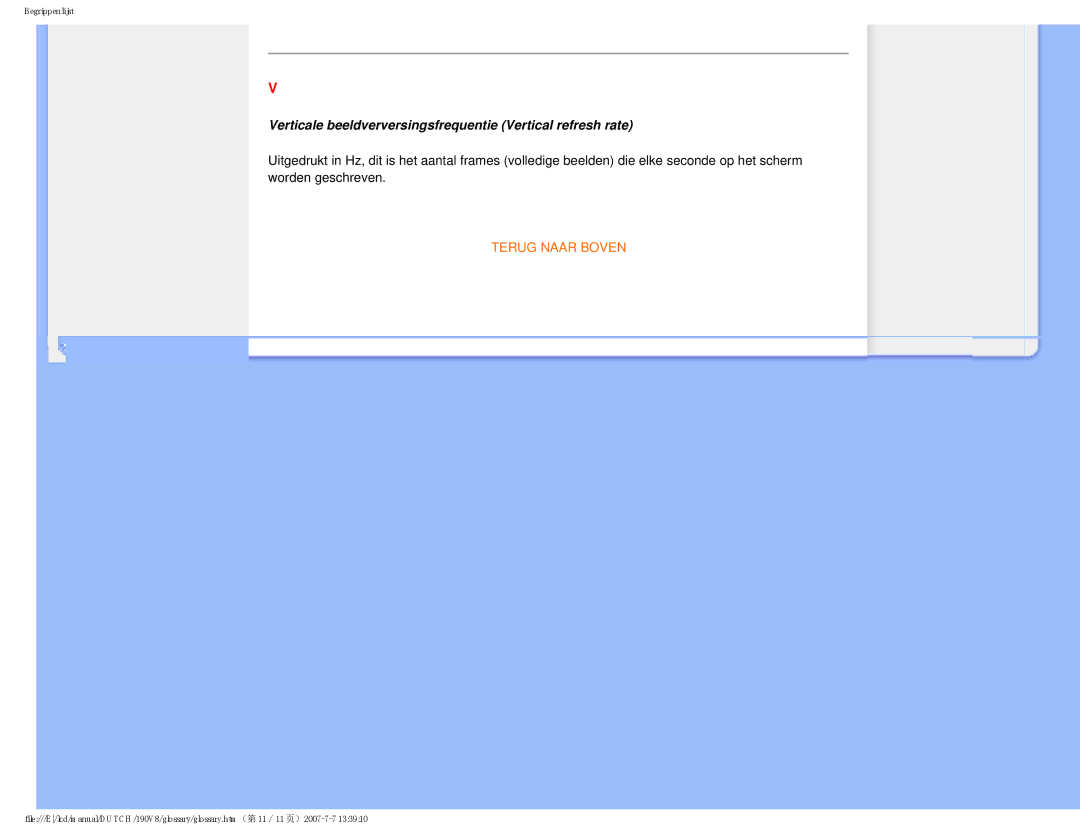 Philips 190V8 user manual Verticale beeldverversingsfrequentie Vertical refresh rate 